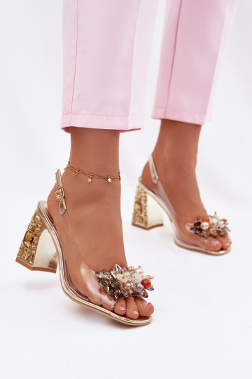 Transparent Block Heel Sandals With Crystals Vinceza 70121 Gold