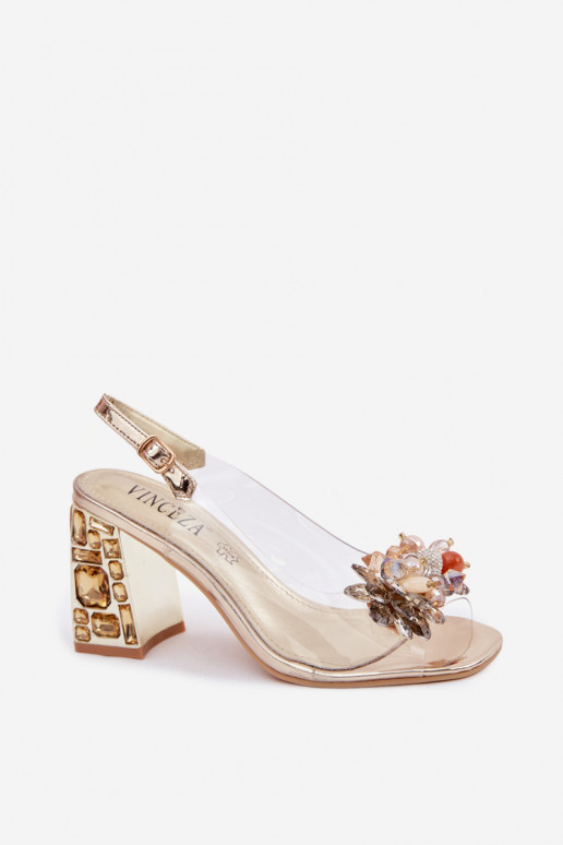 Transparent Block Heel Sandals With Crystals Vinceza 70121 Gold