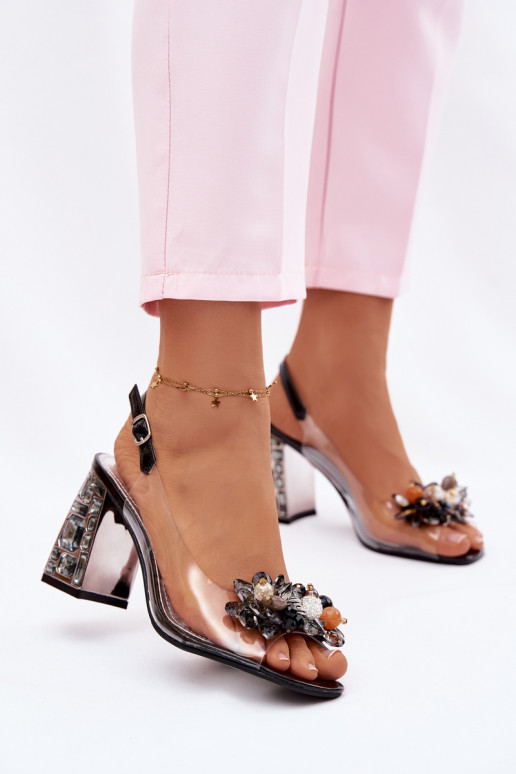 Vinceza 70121 Transparent Block Heel Sandals With Crystals Black