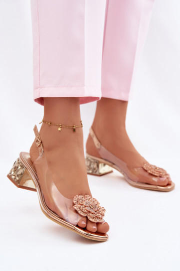 Transparent Sandals with Block Heel with Crystals and Flower Vinceza 70122 Champagne 2