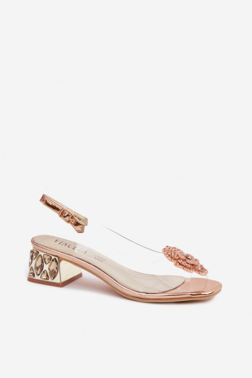 Transparent Sandals with Block Heel with Crystals and Flower Vinceza 70122 Champagne