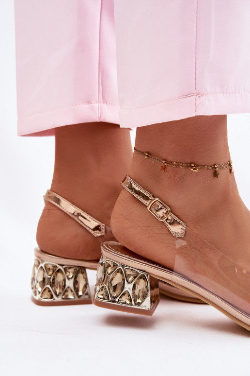 Transparent Sandals with Block Heel with Crystals and Flower Vinceza 70122 Champagne