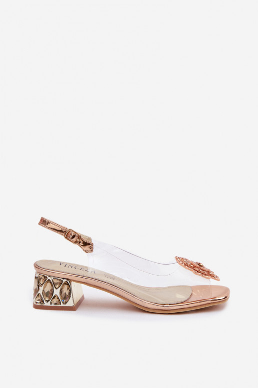 Transparent Sandals with Block Heel with Crystals and Flower Vinceza 70122 Champagne