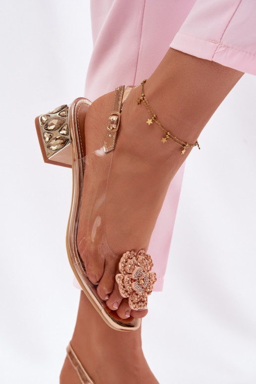 Transparent Sandals with Block Heel with Crystals and Flower Vinceza 70122 Champagne