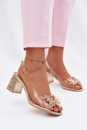 Transparent Block Heel Sandals with Crystals Vinceza 70124 Gold