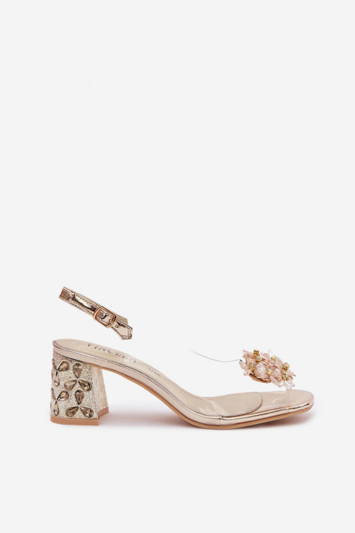 Transparent Block Heel Sandals with Crystals Vinceza 70124 Gold