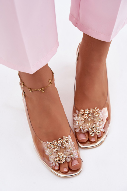 Transparent Block Heel Sandals with Crystals Vinceza 70124 Gold