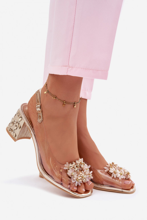Transparent Block Heel Sandals with Crystals Vinceza 70124 Gold