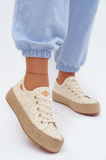 Koronkowe Trampki Espadryle Na Platformie Lee Cooper LCW-26-31-4328 Beżowe 2
