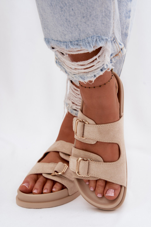 Klapki Damskie Ze Złotymi Klamrami Beżowe Pelorin