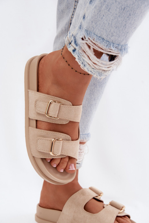 Women's Beige Slippers With Gold Buckles Pelorin