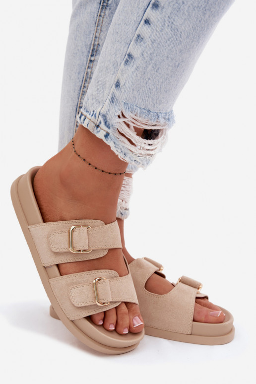 Women's Beige Slippers With Gold Buckles Pelorin