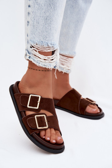 Women's Faux Suede Slippers With Gold Buckles Chocolate Selissea 2