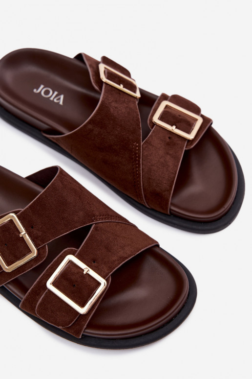 Women's Faux Suede Slippers With Gold Buckles Chocolate Selissea