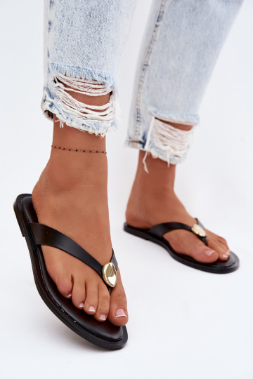 Women's Flat Flip Flops With Gold Detail Black Tella 2