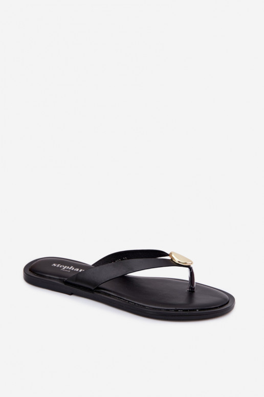 Women's Flat Flip Flops With Gold Detail Black Tella