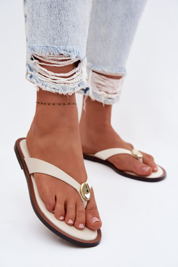 Women's Flat Flip Flops With Gold Detail Light Beige Tella