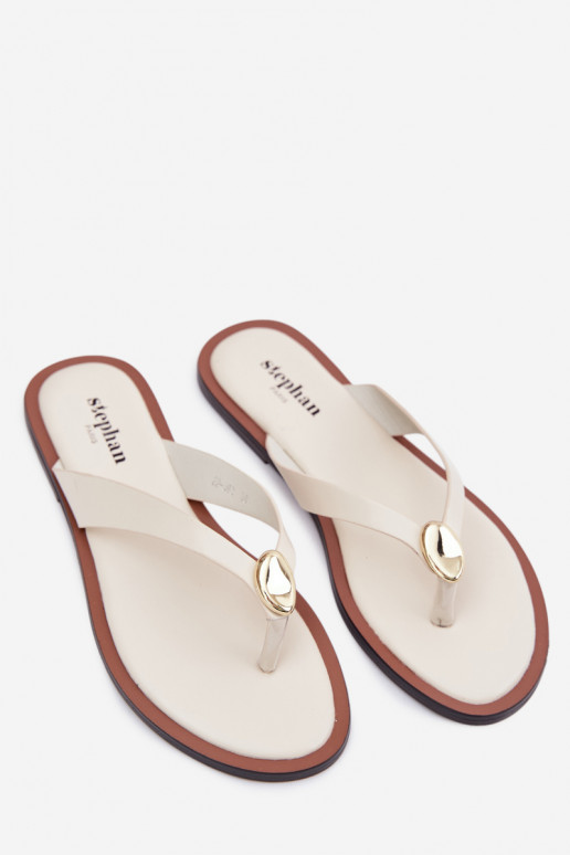 Women's Flat Flip Flops With Gold Detail Light Beige Tella