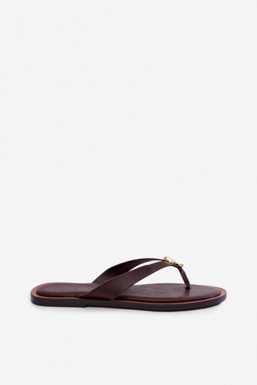 Women's Flat Flip Flops With Gold Detail Chocolate Tella