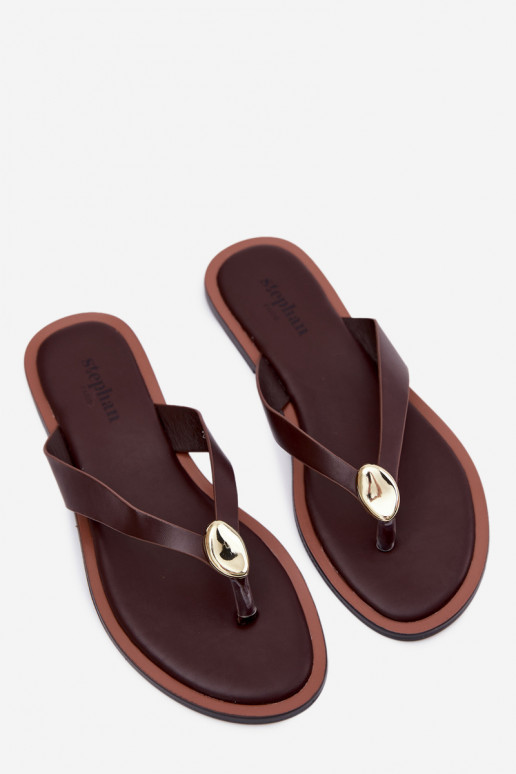 Women's Flat Flip Flops With Gold Detail Chocolate Tella