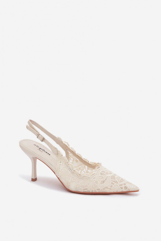 Koronkowe Sandały Na Szpilce Jasnobeżowe Carielle