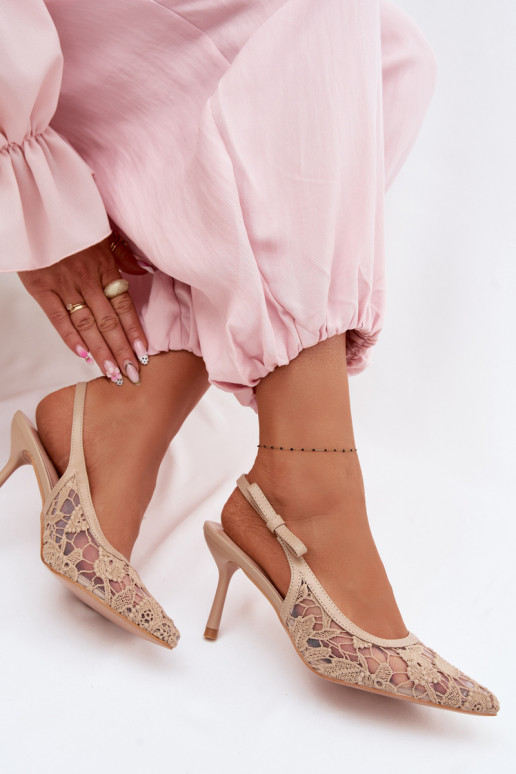 Women's High Heeled Sandals With Lace Dark Beige Pelivelle