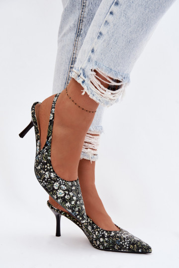 Decorated Women's High Heel Sandals With Flowers Black Olivelle