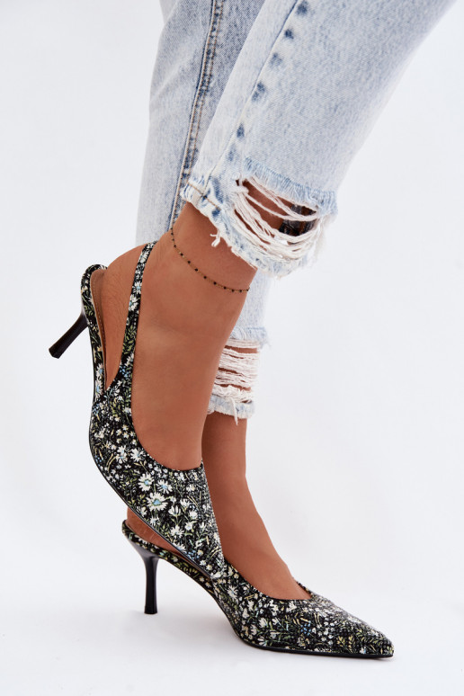 Decorated Women's High Heel Sandals With Flowers Black Olivelle