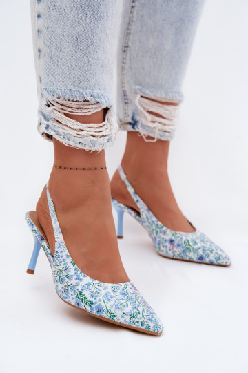 Embellished Women's Heeled Sandals With Flowers Blue Olivelle