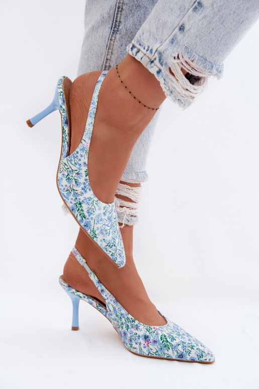 Embellished Women's Heeled Sandals With Flowers Blue Olivelle