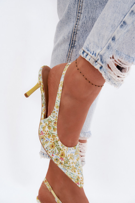 Embellished Women's Heeled Sandals With Floral Pattern Yellow Olivelle