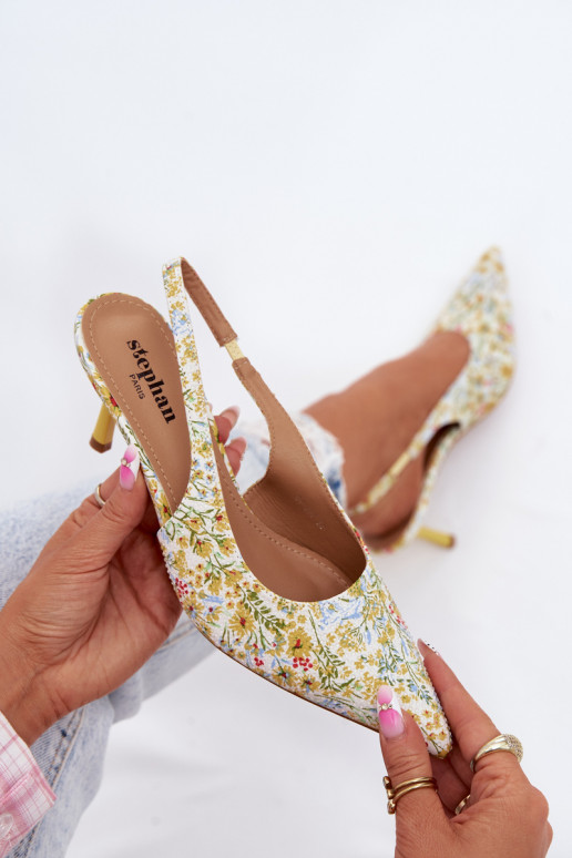 Embellished Women's Heeled Sandals With Floral Pattern Yellow Olivelle