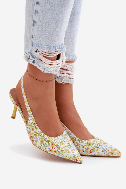 Embellished Women's Heeled Sandals With Floral Pattern Yellow Olivelle