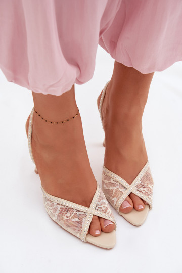 Women's High Heel Sandals With Lace And Embellishments Beige Melivelle