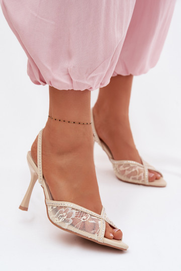 Women's High Heel Sandals With Lace And Embellishments Beige Melivelle 2