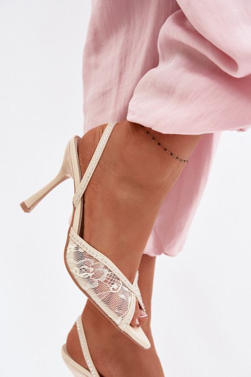 Women's High Heel Sandals With Lace And Embellishments Beige Melivelle