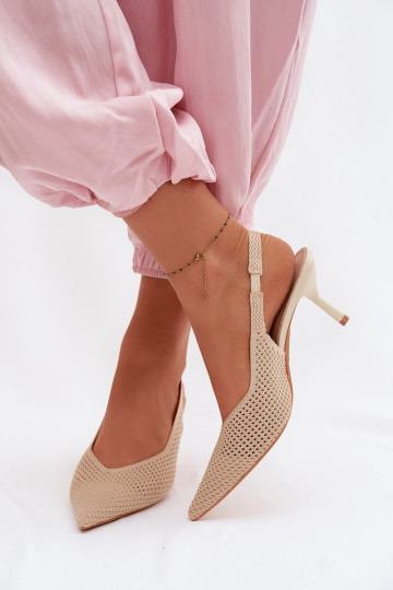 Women's Mesh Material Sandals With Heel Beige Emiliana