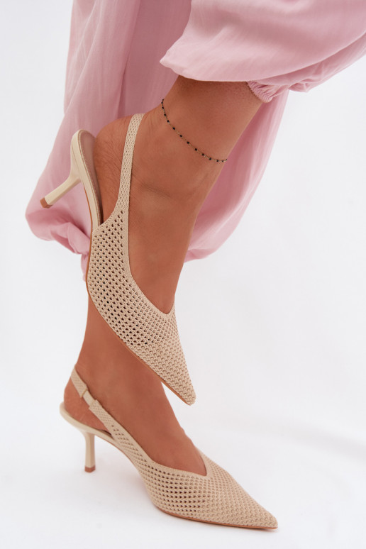 Women's Mesh Material Sandals With Heel Beige Emiliana