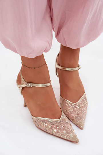 Women's Mesh Heeled Sandals With Sparkling Embellishment Gold Laria