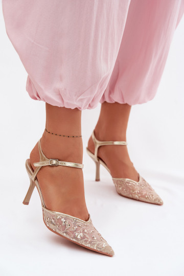 Women's Mesh Heeled Sandals With Sparkling Embellishment Gold Laria 2