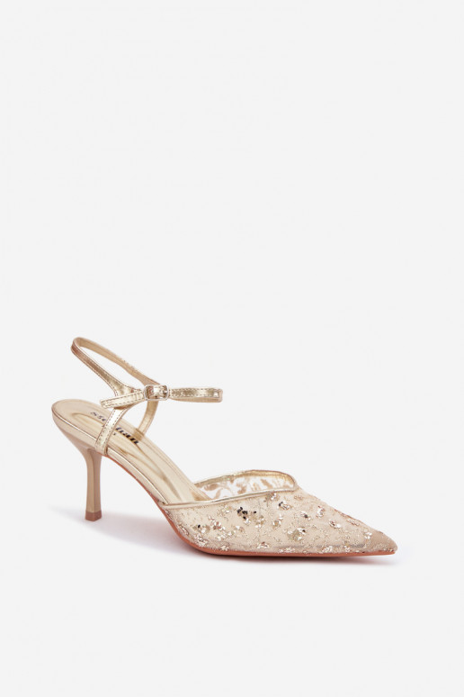 Siateczkowe Sandały Damskie Na SzpilcewithPołyskującym Zdobieniem Złote Laria