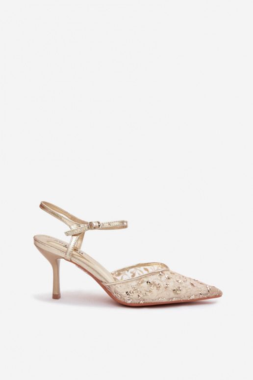 Women's Mesh Heeled Sandals With Sparkling Embellishment Gold Laria