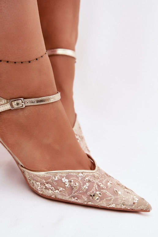 Women's Mesh Heeled Sandals With Sparkling Embellishment Gold Laria