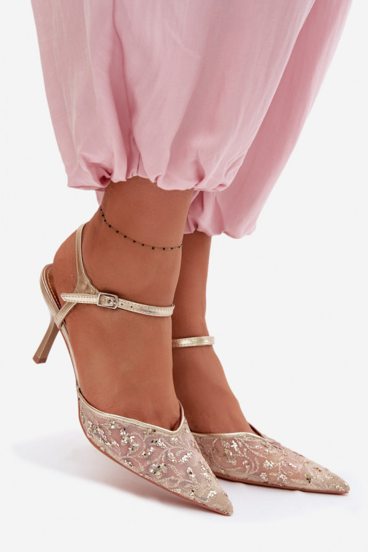 Women's Mesh Heeled Sandals With Sparkling Embellishment Gold Laria