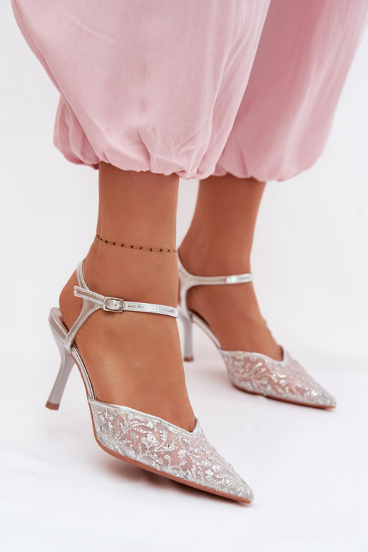 Women's Mesh High Heel Sandals With Sparkling Embellishment Silver Laria