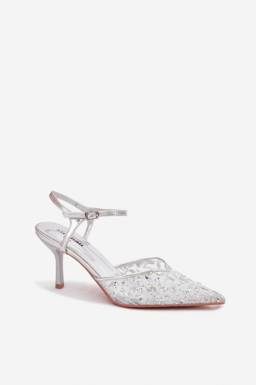 Women's Mesh High Heel Sandals With Sparkling Embellishment Silver Laria