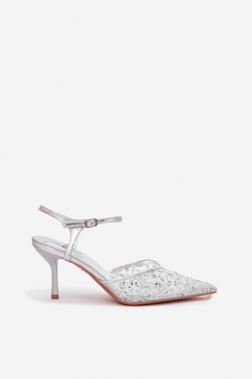 Women's Mesh High Heel Sandals With Sparkling Embellishment Silver Laria