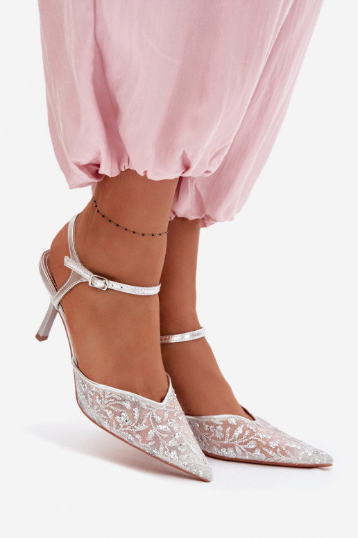 Women's Mesh High Heel Sandals With Sparkling Embellishment Silver Laria