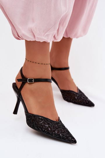 Women's Mesh High Heel Sandals With Shiny Embellishment Black Laria 2