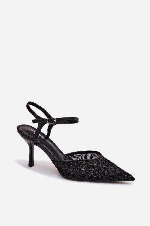 Women's Mesh High Heel Sandals With Shiny Embellishment Black Laria